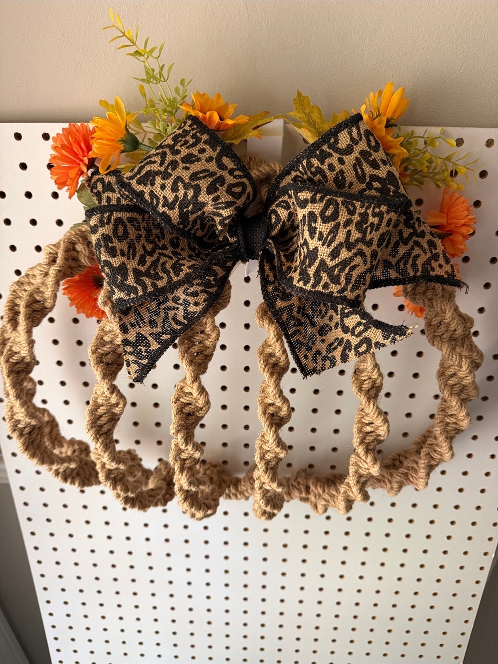 Hand Crafted Jute Wreath with Leopard Bow and Orange Blooms